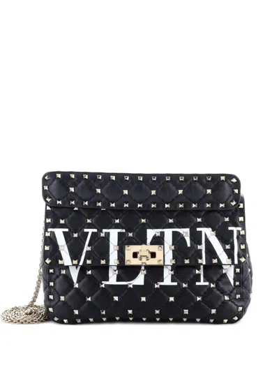 Pre-owned Valentino Garavani Vltn Rockstud Spike Flap Bag Quilted Leather Medium Shoulder Bag In Black