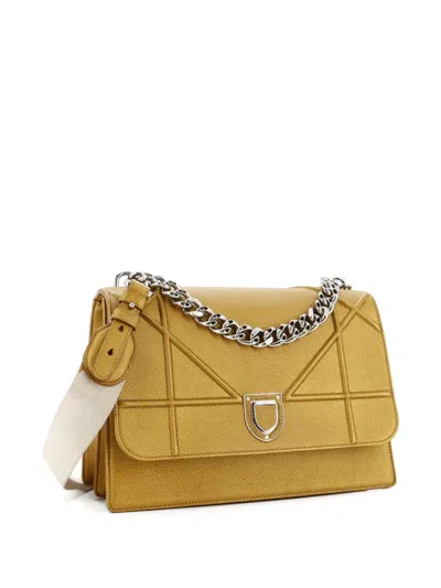 Pre-owned Dior Ama Chain Satchel Grained Leather Large Shoulder Bag In Gold