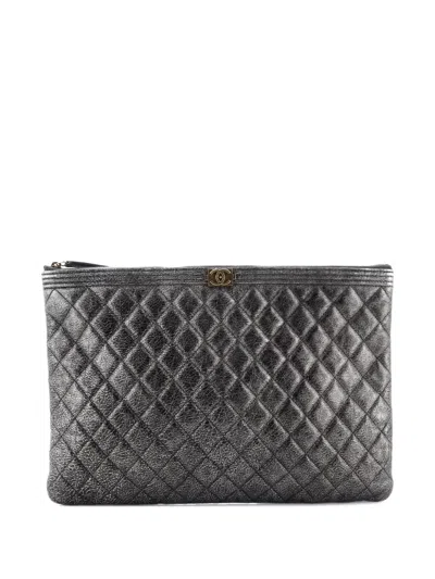 Pre-owned Chanel Boy O Case Quilted Calfskin Large Clutch Bag In Silver