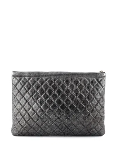Pre-owned Chanel Boy O Case Quilted Calfskin Large Clutch Bag In Silver
