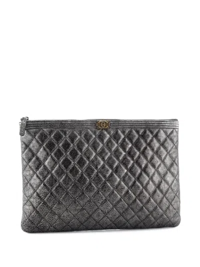Pre-owned Chanel Boy O Case Quilted Calfskin Large Clutch Bag In Silver