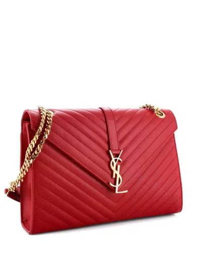Pre-owned Saint Laurent Classic Monogram Envelope Satchel Matelasse Chevron Leather Large Shoulder Bag In Red