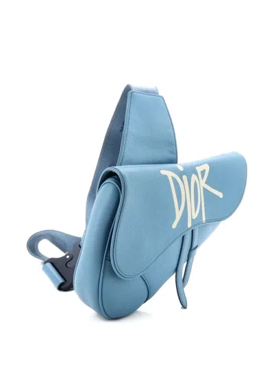 Pre-owned Dior Shawn Stussy Saddle Printed Leather Crossbody Bag In Blue