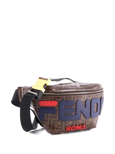 Pre-owned Fendi Mania Logo Waist Bag Zucca Coated Canvas Belt Bag In Brown