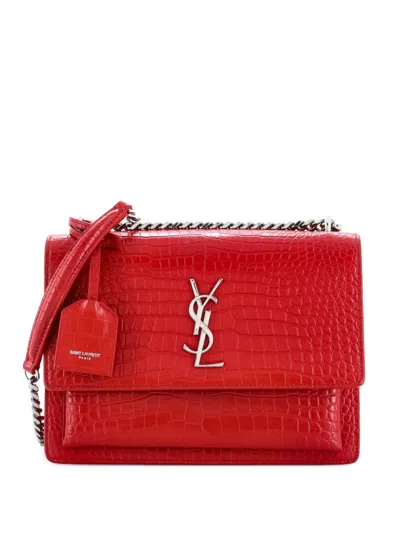 Pre-owned Saint Laurent Sunset Crocodile Embossed Leather Medium Crossbody Bag In Red