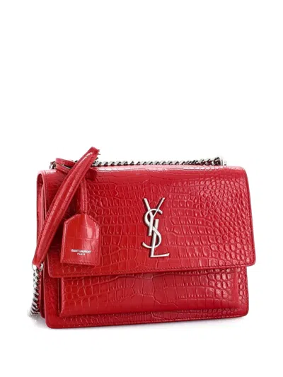 Pre-owned Saint Laurent Sunset Crocodile Embossed Leather Medium Crossbody Bag In Red