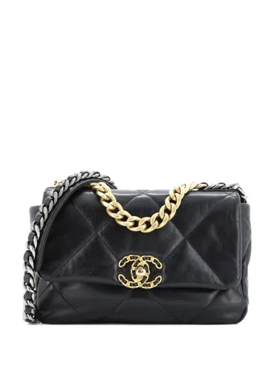 Pre-owned Chanel 19 Flap Bag Quilted Shiny Crumpled Calfskin Medium Crossbody Bag In Black