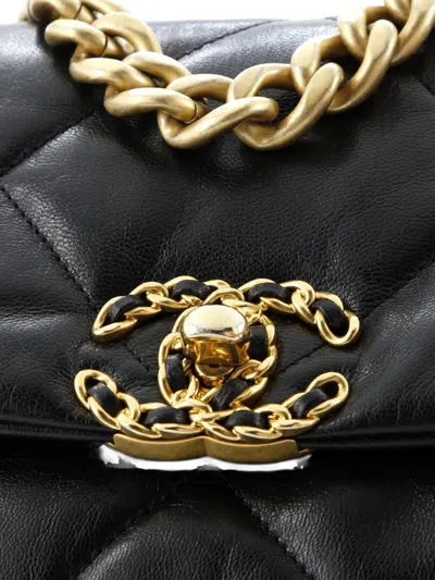 Pre-owned Chanel 19 Flap Bag Quilted Shiny Crumpled Calfskin Medium Crossbody Bag In Black