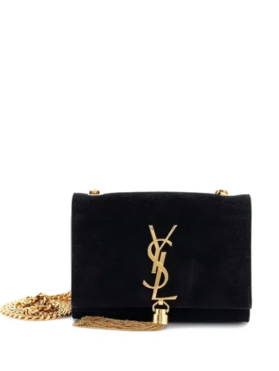 Pre-owned Saint Laurent Classic Monogram Tassel Crossbody Bag Suede Small Shoulder Bag In Black