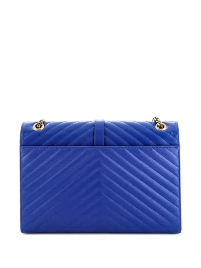 Pre-owned Saint Laurent Classic Monogram Envelope Satchel Matelasse Chevron Leather Large Shoulder Bag In Blue
