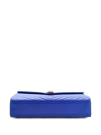 Pre-owned Saint Laurent Classic Monogram Envelope Satchel Matelasse Chevron Leather Large Shoulder Bag In Blue