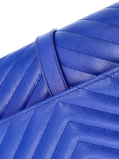 Pre-owned Saint Laurent Classic Monogram Envelope Satchel Matelasse Chevron Leather Large Shoulder Bag In Blue