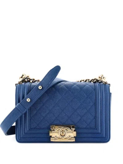 Pre-owned Chanel Boy Flap Bag Quilted Caviar Small Crossbody Bag In Blue