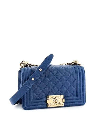 Pre-owned Chanel Boy Flap Bag Quilted Caviar Small Crossbody Bag In Blue