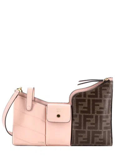 Pre-owned Fendi Bustine 3 Pockets Leather And Zucca Coated Canvas Mini Crossbody Bag In Pink