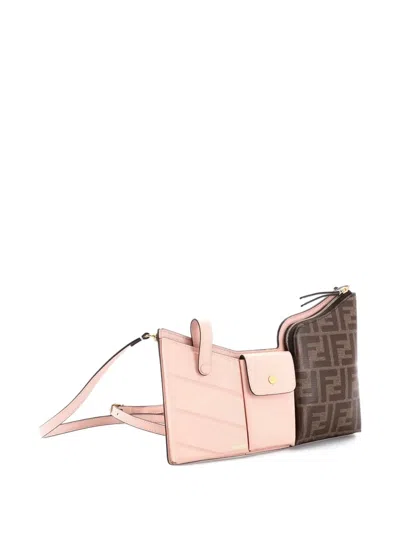 Pre-owned Fendi Bustine 3 Pockets Leather And Zucca Coated Canvas Mini Crossbody Bag In Pink