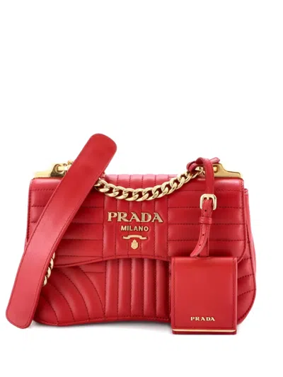 Pre-owned Prada Curved Flap Chain Diagramme Quilted Leather Small Shoulder Bag In Red