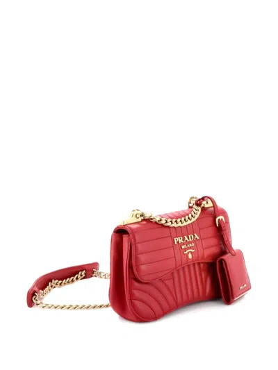 Pre-owned Prada Curved Flap Chain Diagramme Quilted Leather Small Shoulder Bag In Red