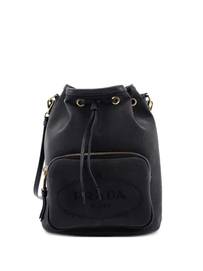 Pre-owned Prada Logo Drawstring Canvas Bucket Bag In Black