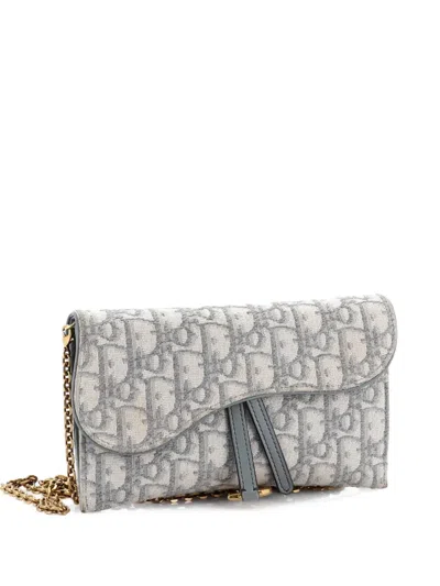 Pre-owned Dior Saddle Chain Wallet Oblique Canvas Crossbody Bag In Gray
