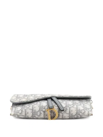 Pre-owned Dior Saddle Chain Wallet Oblique Canvas Crossbody Bag In Gray