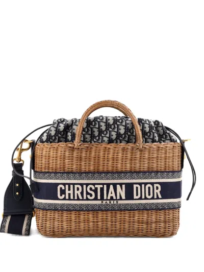 Pre-owned Dior Basket Bag Wicker And Oblique Canvas Large Tote Bag In Blue