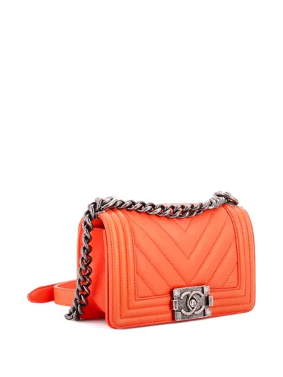 Pre-owned Chanel Boy Flap Bag Chevron Calfskin Small Crossbody Bag In Orange