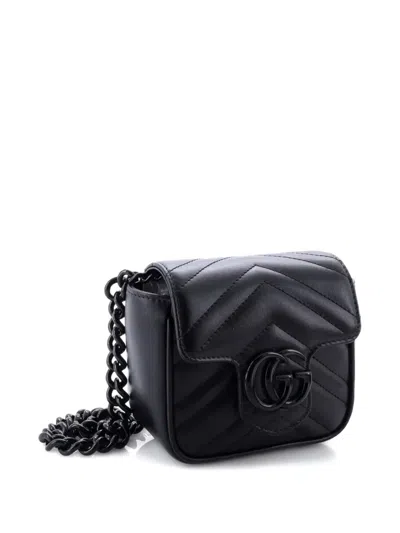 Pre-owned Gucci Gg Marmont Flap Matelasse Leather Mini Belt Bag In Black
