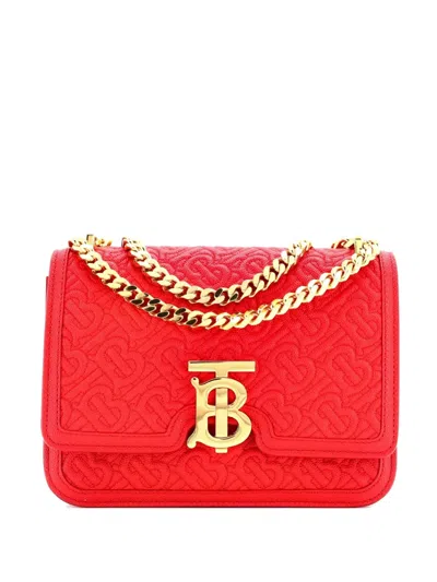 Pre-owned Burberry Tb Flap Chain Bag Monogram Embossed Leather Small Crossbody Bag In Red