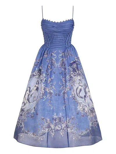 Zimmermann Rebellion Lace-up Embellished Pleated Gathered Printed Linen And Silk-blend Midi Dress In Blue