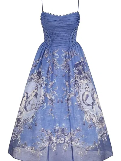 Zimmermann Rebellion Lace-up Embellished Pleated Gathered Printed Linen And Silk-blend Midi Dress In Blue