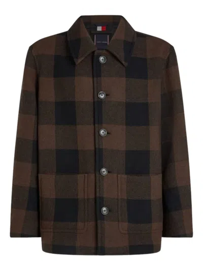 Tommy Hilfiger Stylish Check Pattern Collared Short Jacket In Brown