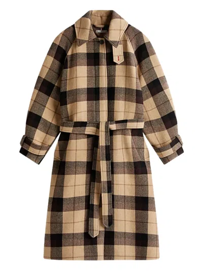 Tommy Hilfiger Long Check Pattern Belted Wool Coat In Neutral