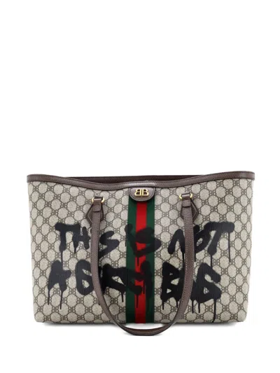 Pre-owned Balenciaga X Gucci The Hacker Project Graffiti Bb Coated Canvas Medium Tote Bag In Brown