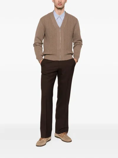 Fursac V-neck Zip-up Cardigan In Brown