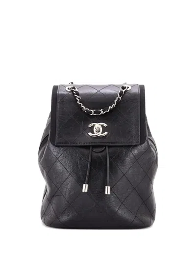 Pre-owned Chanel Drawstring Cc Flap Quilted Aged Calfskin And Grosgrain Small Backpack In Black