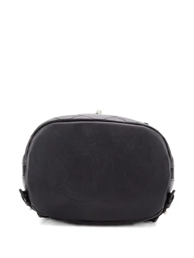 Pre-owned Chanel Drawstring Cc Flap Quilted Aged Calfskin And Grosgrain Small Backpack In Black