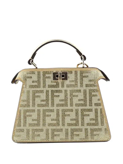 Pre-owned Fendi Peekaboo Iseeu Bag Zucca Crystal Embellished Suede Petite Satchel In Gold