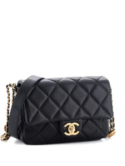 Pre-owned Chanel Twist Your Buttons Flap Bag Quilted Caviar Small Crossbody Bag In Black