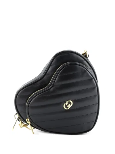 Pre-owned Gucci Interlocking G Heart Diagonal Quilted Leather Mini Shoulder Bag In Black
