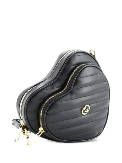Pre-owned Gucci Interlocking G Heart Diagonal Quilted Leather Mini Shoulder Bag In Black