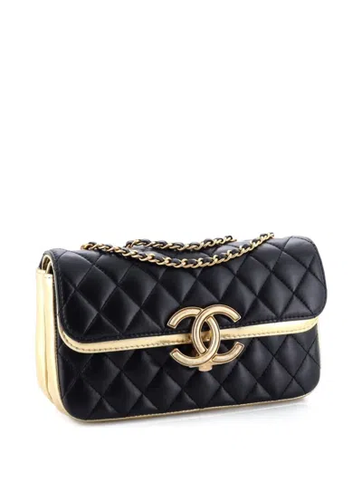 Pre-owned Chanel Cc Chic Double Flap Bag Quilted Lambskin Small Crossbody Bag In Black