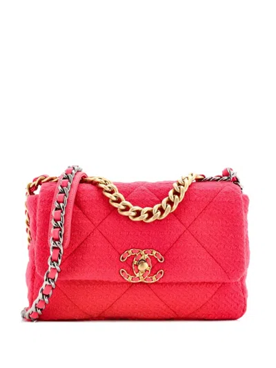 Pre-owned Chanel 19 Flap Bag Quilted Tweed Medium Crossbody Bag In Pink
