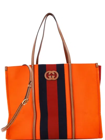 Pre-owned Gucci Interlocking G Web Canvas Large Tote Bag In Brown