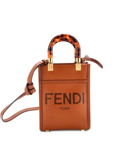 Pre-owned Fendi Sunshine Shopper Tote Leather Mini Crossbody Bag In Brown