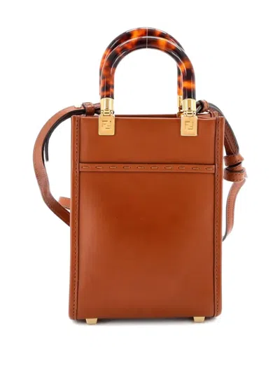 Pre-owned Fendi Sunshine Shopper Tote Leather Mini Crossbody Bag In Brown