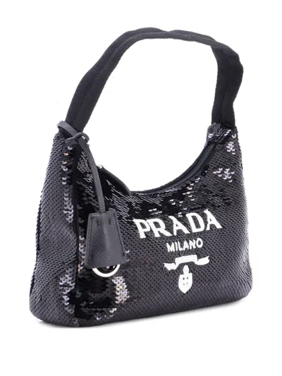 Pre-owned Prada Re-edition 2000 Sequins Mini Hobo Bag In Black