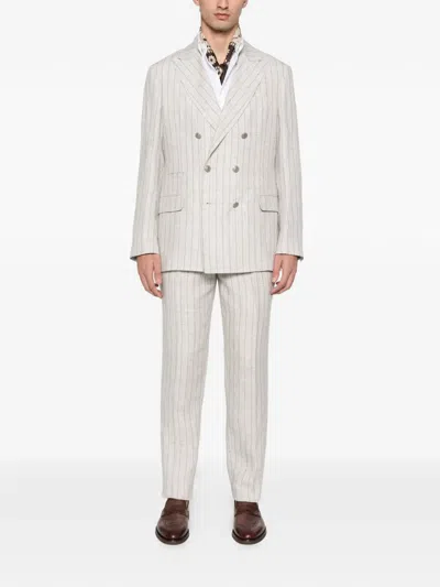 Brunello Cucinelli Striped Linen Double-breasted Suit Jacket In Gray