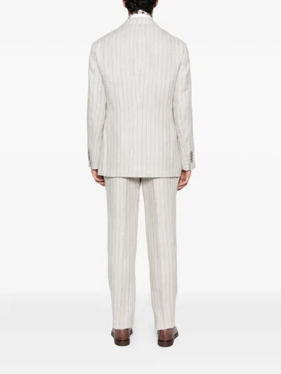 Brunello Cucinelli Striped Linen Double-breasted Suit Jacket In Gray