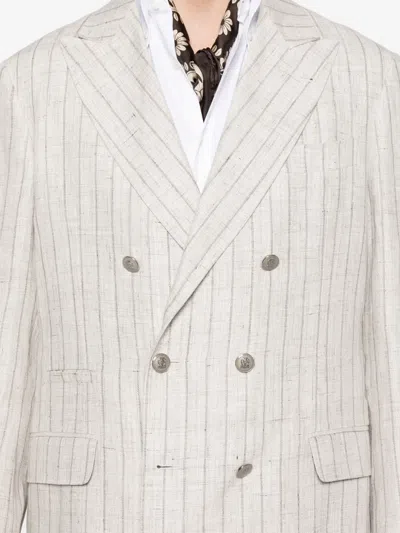 Brunello Cucinelli Striped Linen Double-breasted Suit Jacket In Gray